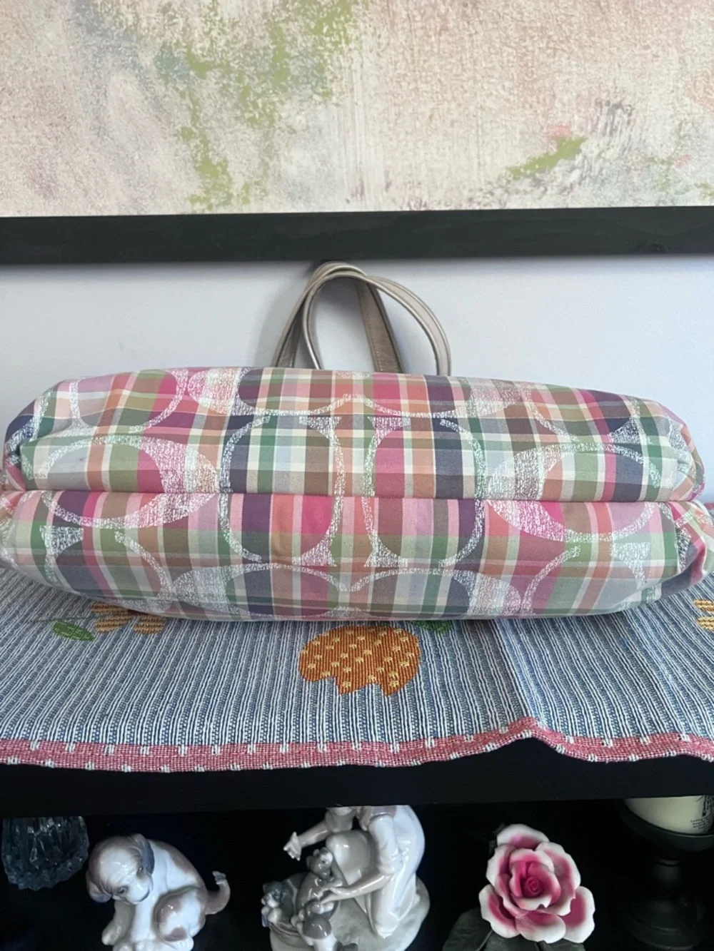 COACH POPPY BLUE GREEN PINK IVORY TARTAN PLAID LG TOTE SATCHEL HANDBAG - Picture 11 of 11